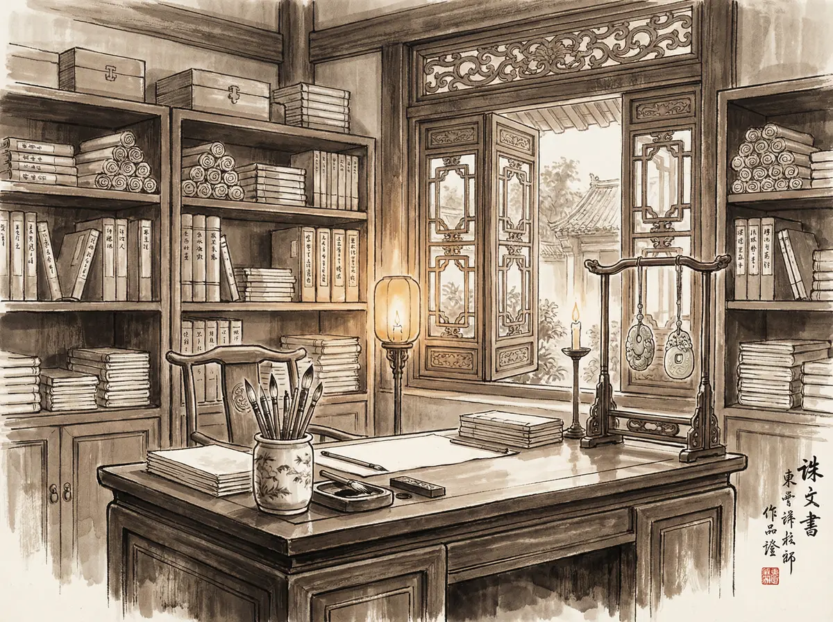 澳门资料APP下载页面水墨风格书房场景