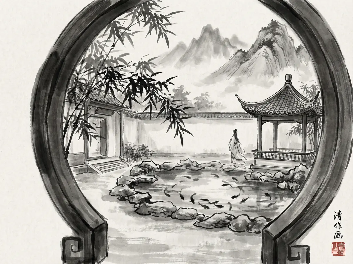 澳门资料水墨风格中式园林酒店庭院全景