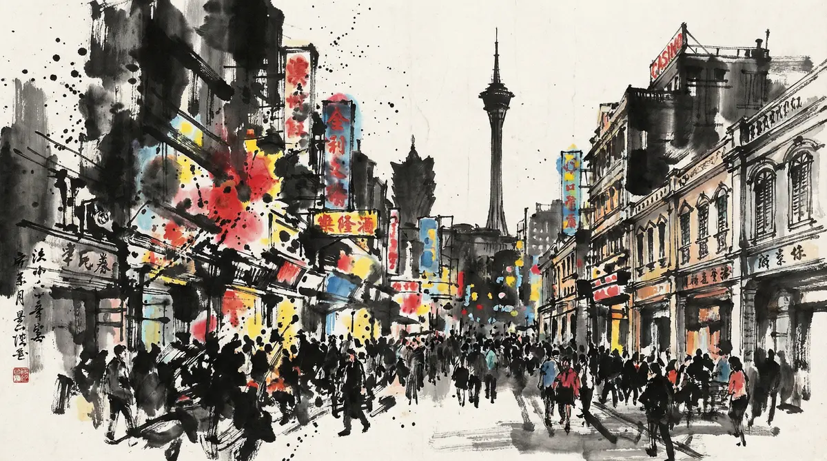 澳门资料澳门娱乐城繁华夜景水墨画