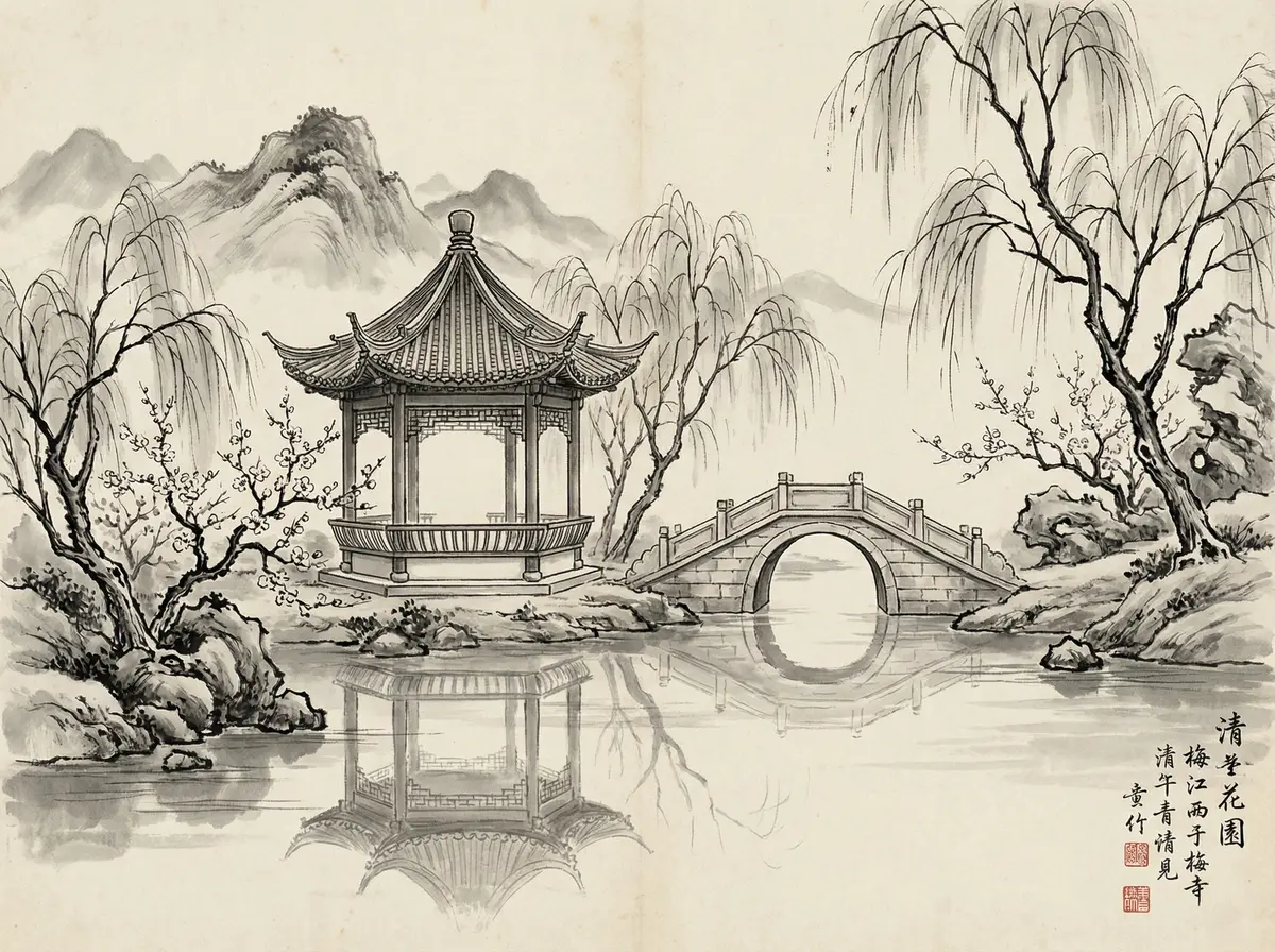 澳门资料水墨画中的亭台楼阁与石桥倒影