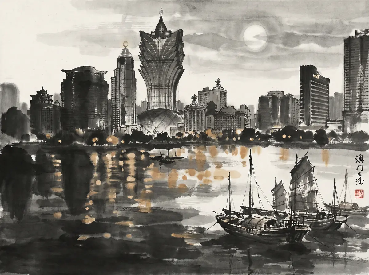 澳门资料澳门夜景水墨画展示新葡京与城市天际线