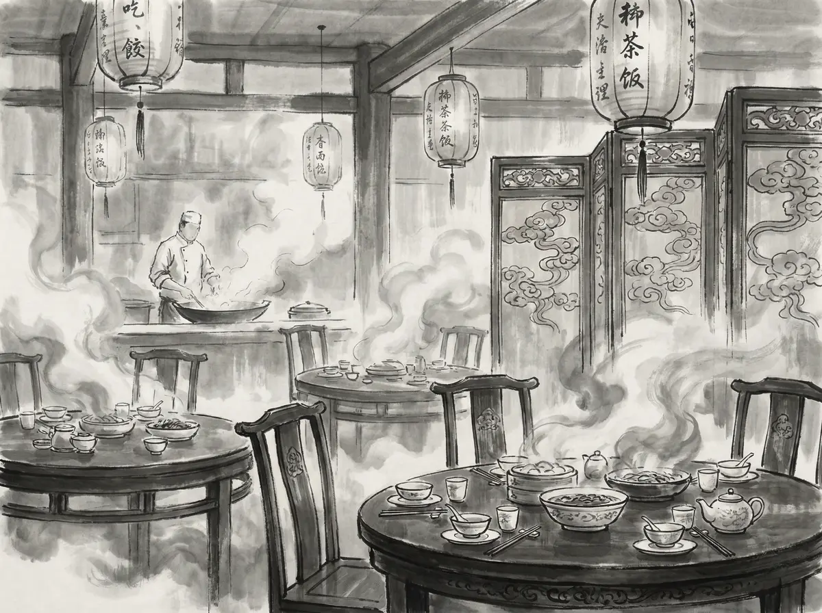 澳门资料墨香食府水墨风格中餐厅内景展示传统瓷器餐具与雕花屏风