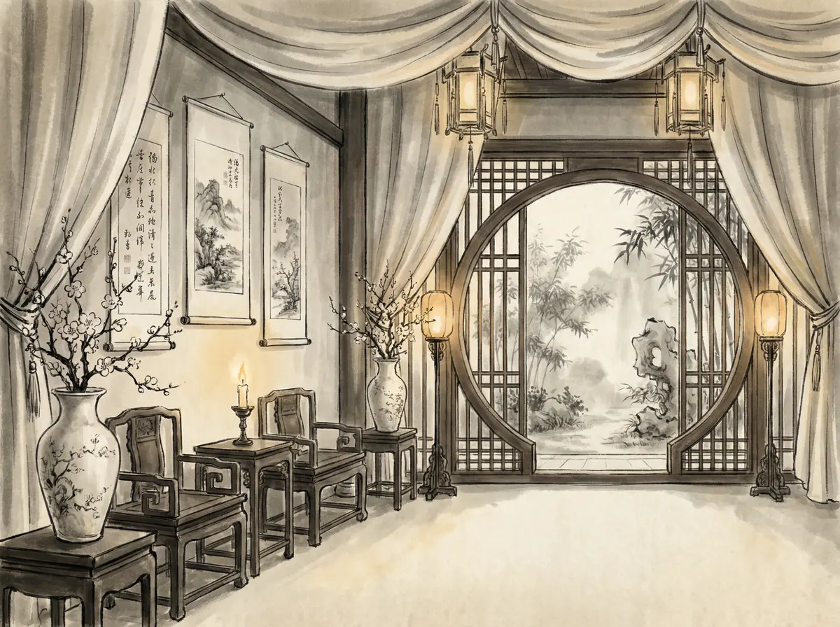 澳门资料丝绸帷幔园林景观客房展示月洞门与竹林景致