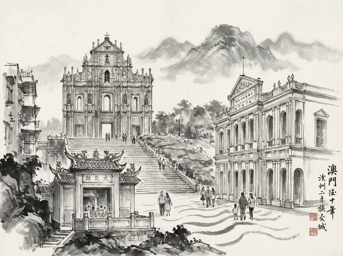 澳门资料推荐澳门大三巴牌坊水墨画风格旅游景点